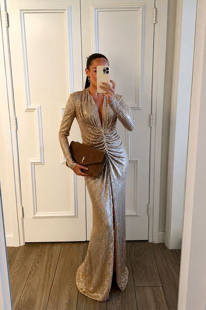 Gold Uzun Kollu Payetli Abiye Elbise
